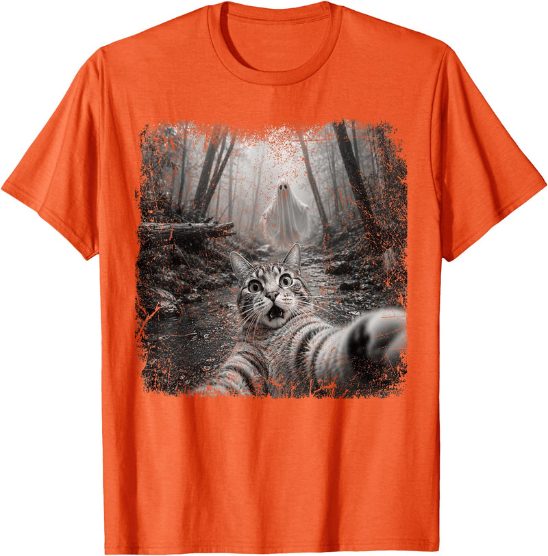 Halloween Ghost Cat Selfie Forest Lat Halloween Ghost Cat Forest Selfie Scared Men Women Kid T-Shirt - Orange