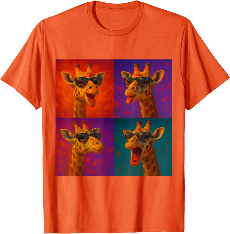 Colorful 4 Photos Animals Giraffe Sunglasses Funny Faces Collage Pop Art T-Shirt - Orange