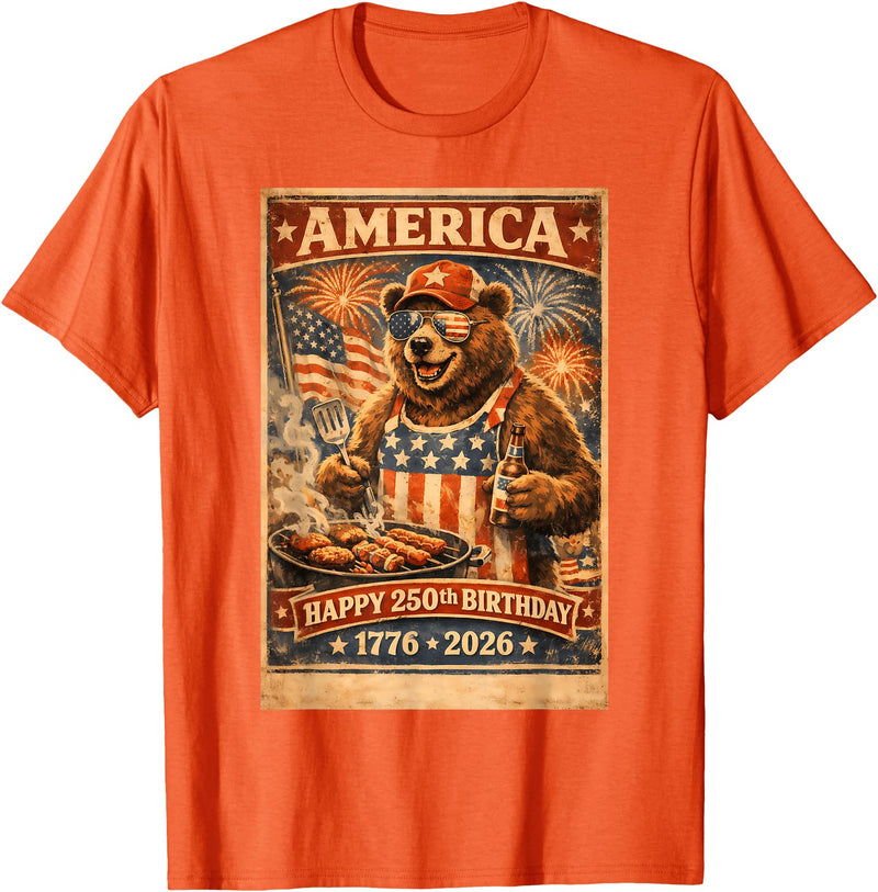 USA Birthday 250th American Spirit Tees All Ages Celebrate 250 Years with Fun Bear BBQ Graphic T-Shirt - Orange