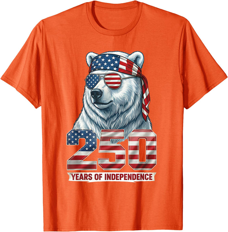 Patriotic Bear Freedom Anniversary Celebration Polar Bear 250 Years of Independence Patriotic America 1776 T-Shirt - Orange