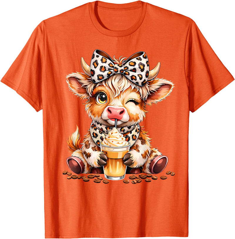 Cute Highland Cow Coffee Addict Leopard Bow Highland Cow Coffee Addict Funny Drink Coffee T-Shirt - Orange