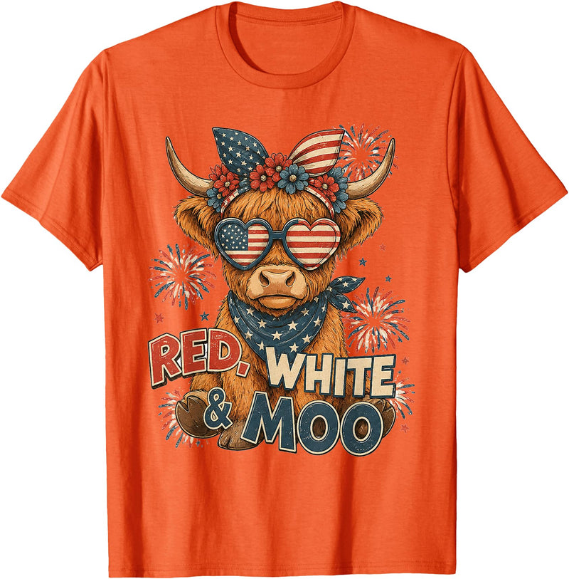 Red White and Moo Highland Cow 4th July 250 Years Patriotic T-Shirt - Orange