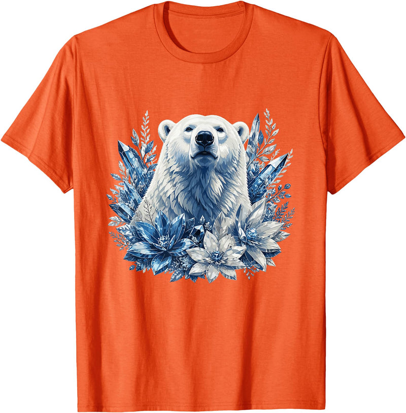 Arctic Polar Bear Winter Floral Nature Ice Blue Snow Polar Bear with Winter Flowers T-Shirt - Orange