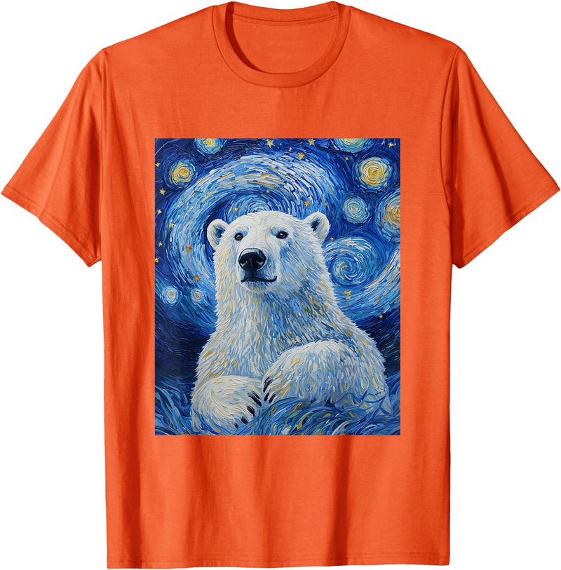 Bear Designs. Cute Polar Bear Van Gogh Style Starry Night Graphic T-Shirt - Orange