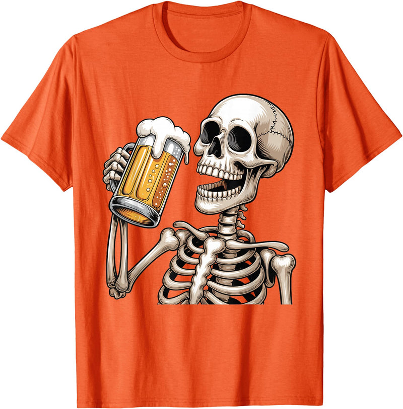Halloween Skull Skeleton Drinking Beer Funny Kids Skeleton Drinking Beer Halloween Spooky Season Mens Womens T-Shirt - Orange