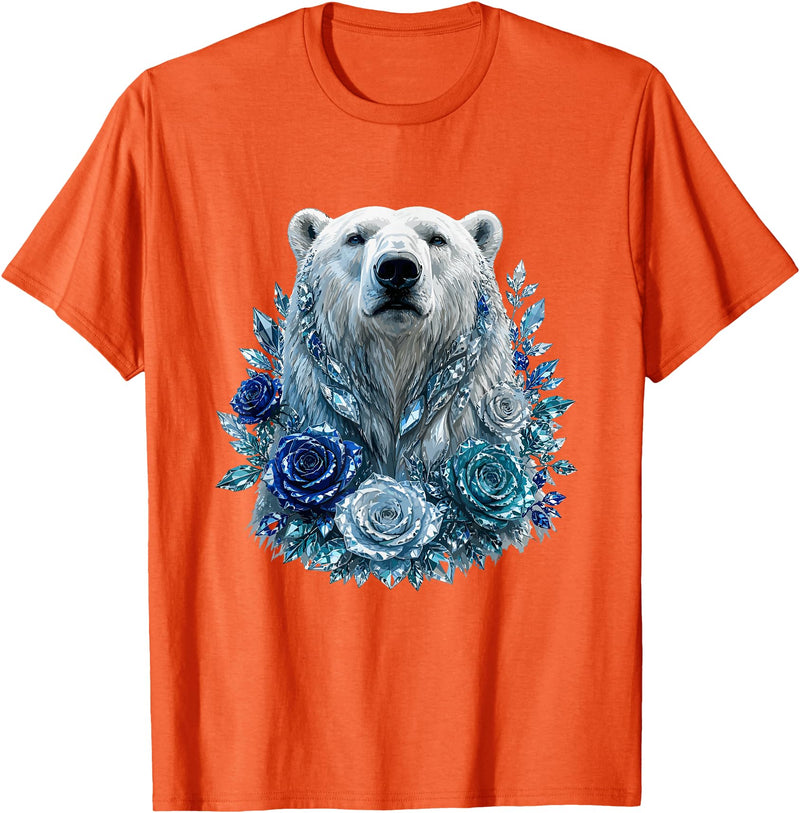 Arctic Polar Bear Crystal Rose Winter Spirit Majestic Polar Bear with Blue Ice Crystal Roses T-Shirt - Orange