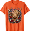 Funny July 4th Highland Cow Farm Lovers Highland Cow Florals 4th of July USA Flag Patriotic Women T-Shirt - Orange