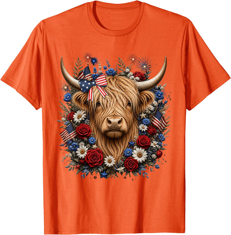 Funny July 4th Highland Cow Farm Lovers Highland Cow Florals 4th of July USA Flag Patriotic Women T-Shirt - Orange