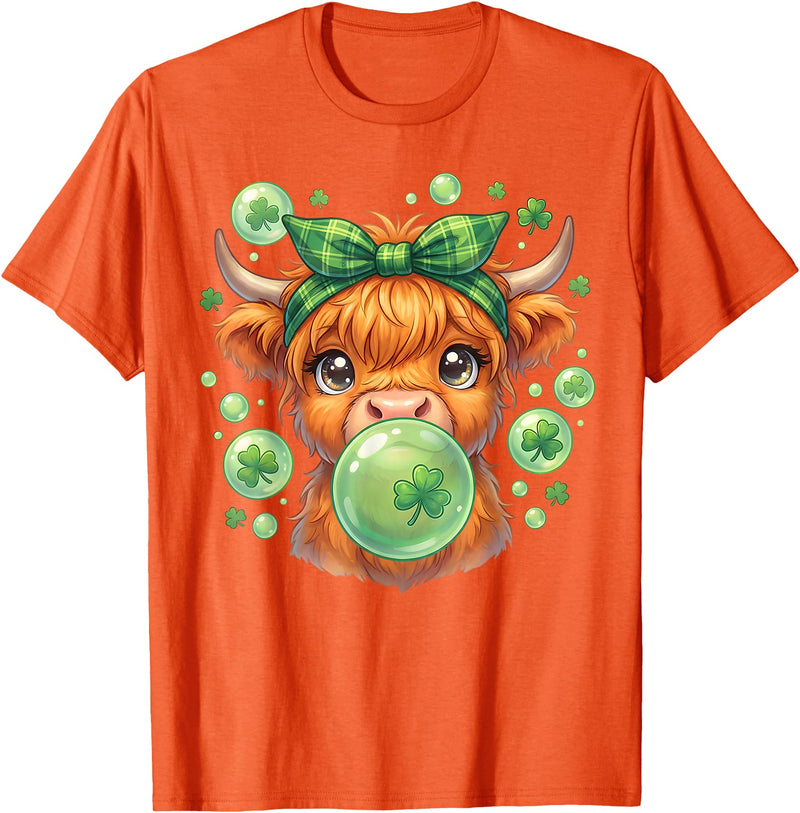St. Patricks Day Highland Cow Blowing Bubblegum Celebrate St Patricks Day T-Shirt - Orange