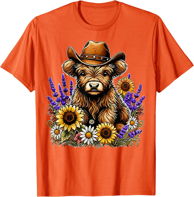 Funny Scottish Highland Cow Highland Cow Cowboy Hat Sunflower Wildflower Country Western T-Shirt - Orange