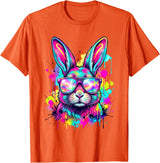 Happy Easter Bunny Face Tie Dye Bunny Rabbit with Glasses T-Shirt in Orange