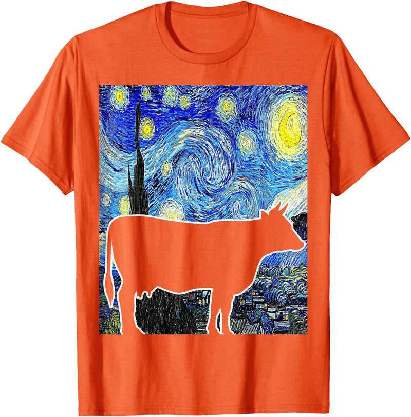 Funny Cow Van Gogh Famous Painting Cow Starry Night Van Gogh Funny Cow Farmer T-Shirt - Orange