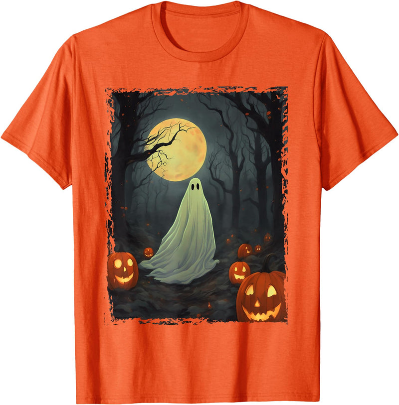 Dibble Dabble Designs Halloween Vintage Ghost in Gothic Forest Full Moon Halloween T-Shirt - Orange