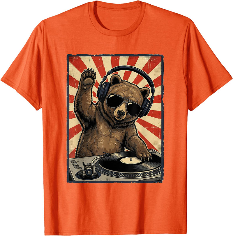 Bear DJ Stuff & Accessories Cool Retro Bear DJ Funny Bears Music Men Women Kids T-Shirt - Orange