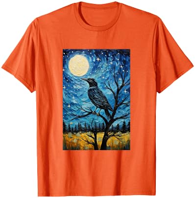 Bird Designs. Magpie Crow Raven Bird Van Gogh Style Starry Night Graphic T-Shirt - Orange