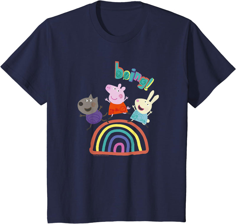 Kids Peppa Pig Boing! Friends Jumping And Having Fun Over Rainbow T-Shirt - Navy Blue