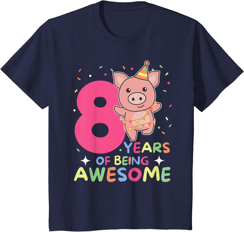Pig Birthday Gift Cute Animals 8th Birthday Pig For Kids Eight Years Old T-Shirt - Navy Blue