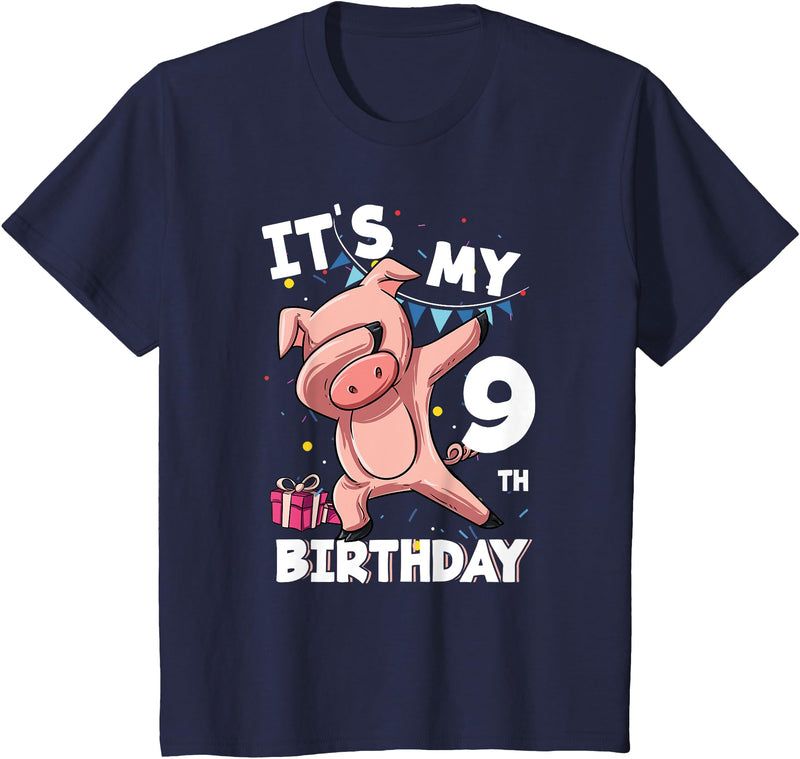 Pig Birthday Outfit for Boys Girls Party Supplies Its My 9th Birthday 9 Year Old Pig Birthday T-Shirt - Navy Blue