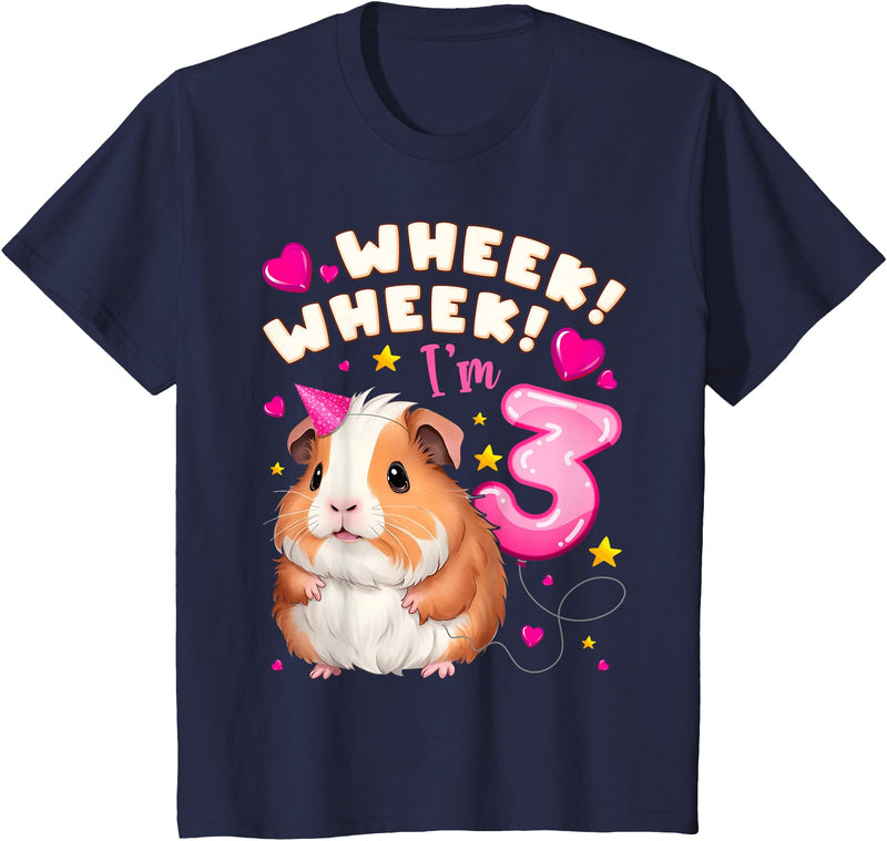 Birthday Girl by Content Design Studio Kids 3rd Birthday Girl 3 Years, Guinea Pig and Big Number 3 T-Shirt - Navy Blue