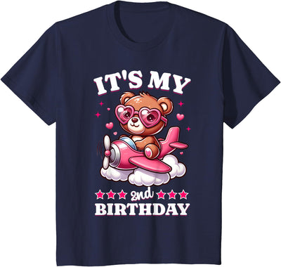 Kids 2nd Birthday Girls Airplane Birthday Party Teddy Bear Plane T-Shirt