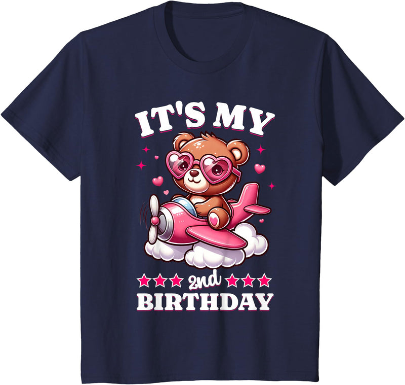 2 Year Old Girl Plane Birthday Party Kids Designs Kids 2nd Birthday Girls Airplane Birthday Party Teddy Bear Plane T-Shirt - Navy Blue