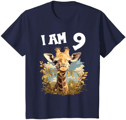 Kids 9 Years old 9th birthday Giraffes Boy Girl Giraffe T-Shirt - Asphalt Grey