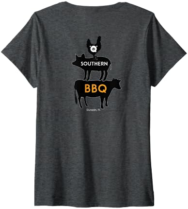 Q Southern BBQ Womens Q Cow Pig Chicken V-Neck T-Shirt - size chart