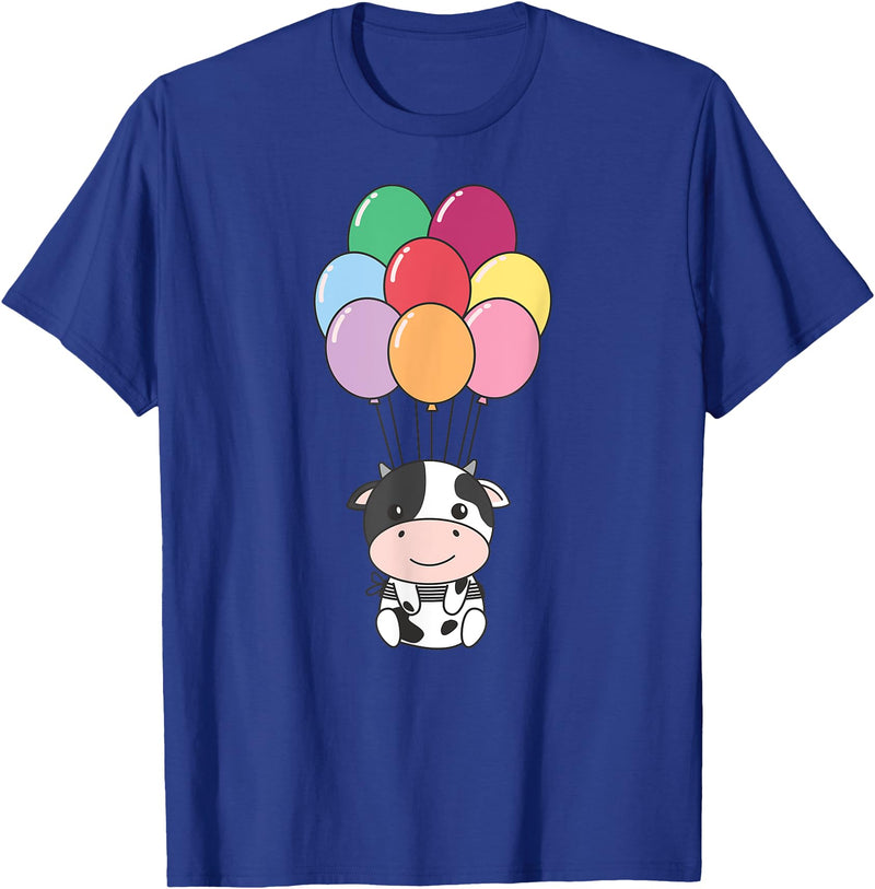 Cute Balloon Animals For Birthday Cow Flies With Colorful Balloons Kawaii Cows T-Shirt - Royal Blue