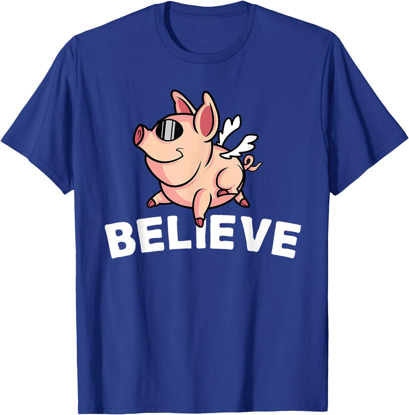 Funny Happy Piglet Farm Life Farmer Motivational Believe Flying Pig with Sunglasses Funny Animal Lover Gifts T-Shirt - Royal Blue