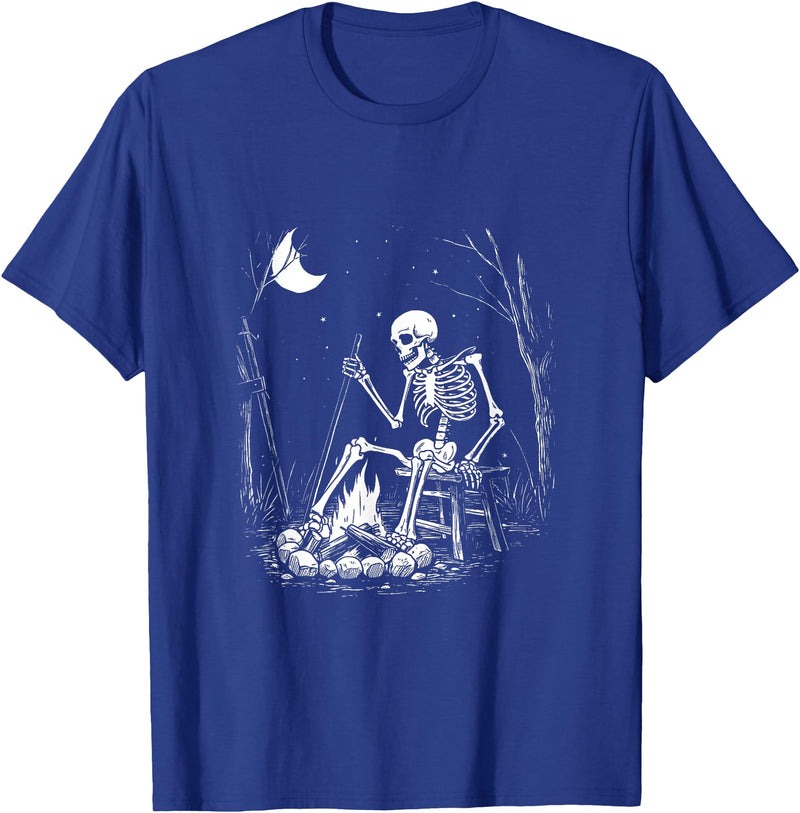 RetroPop Vintage Gear Camping Skeleton Bones Halloween Forest Campfire Graphic T-Shirt - Royal Blue