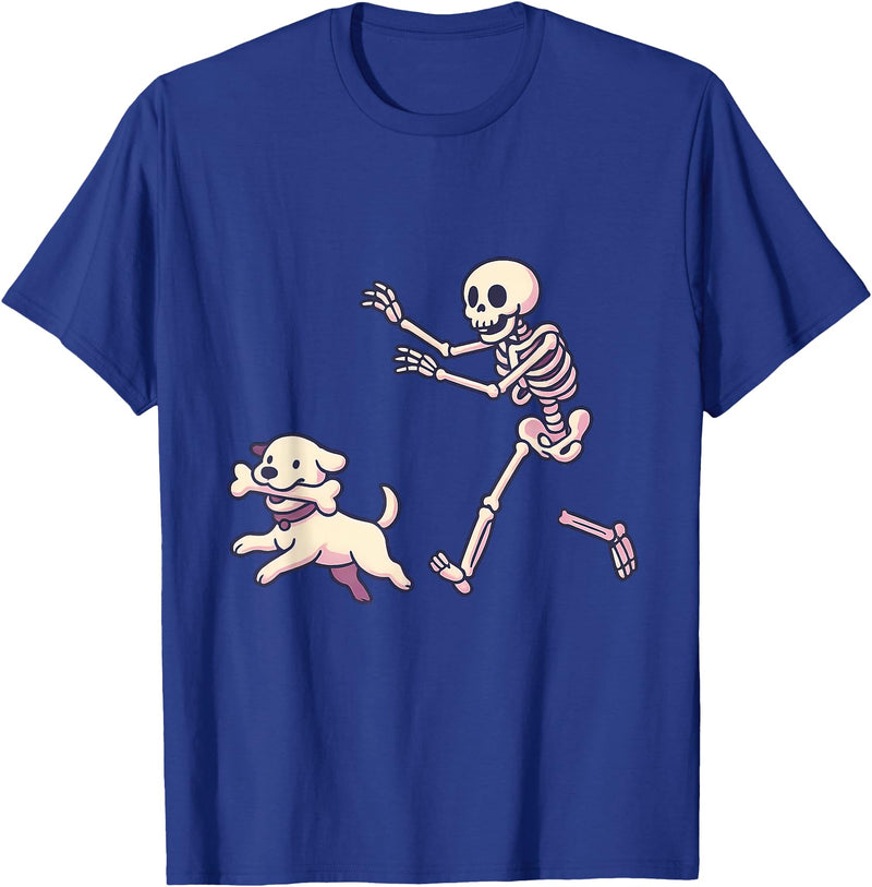 Funny Skeleton Dog Bone Halloween Kawaii Dog Steals Bone from Skeleton Running Halloween T-Shirt - Royal Blue