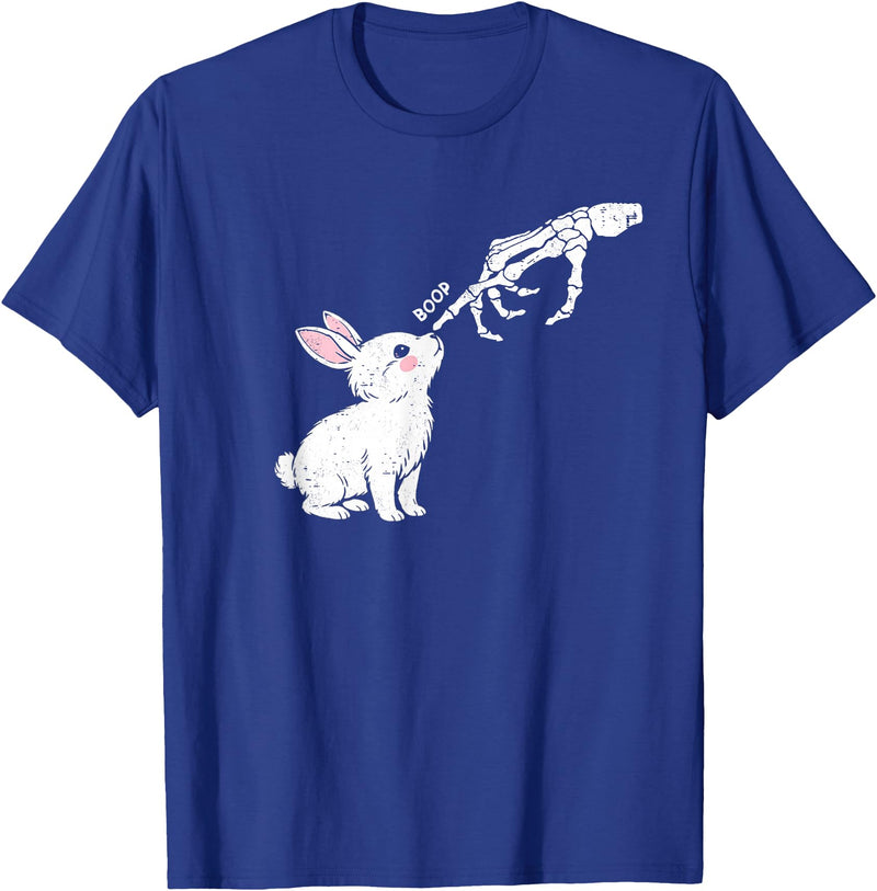 Cute Skeleton Hand Boop Bunny Rabbit Funny Easter Day T-Shirt in Royal Blue
