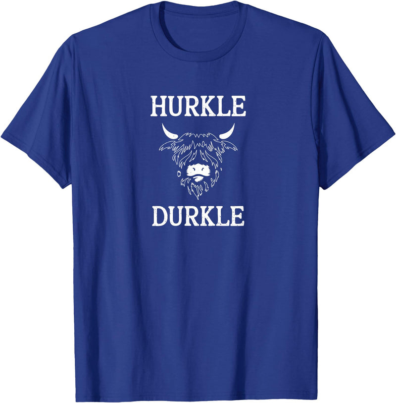 The Kilted Crow Hurkle Durkle Funny Scotland Highlands Cow Graphic T-Shirt - Royal Blue