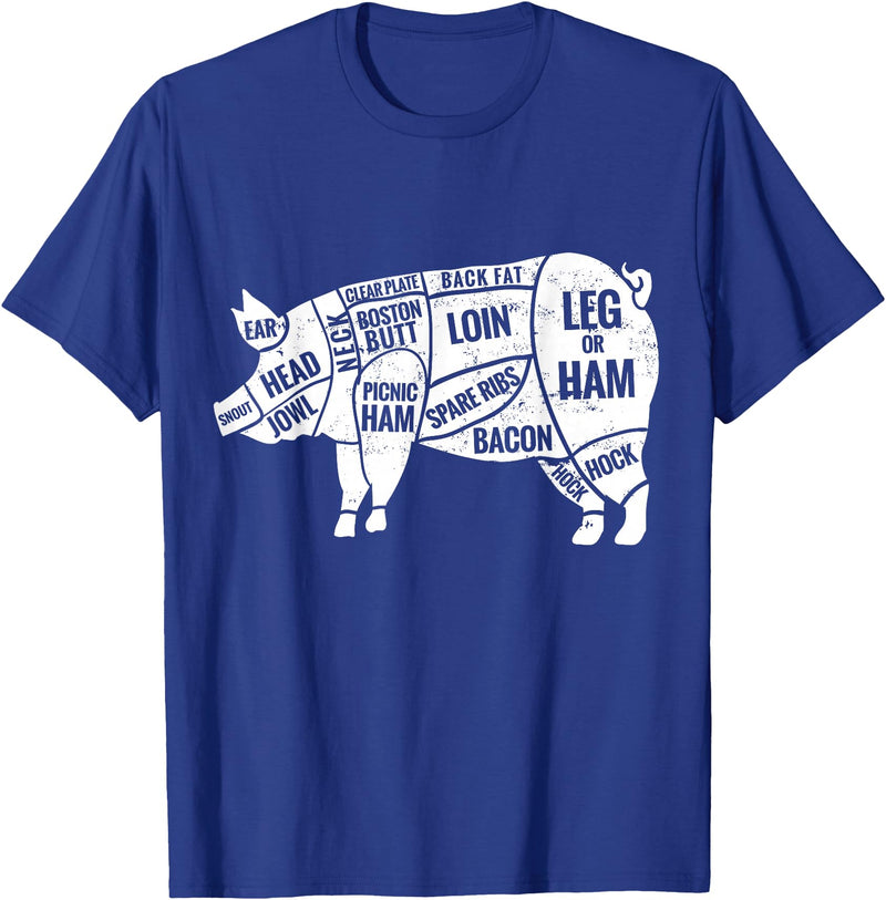 Pig Diagram T-Shirt | Butcher T-Shirts Pig and Pork Diagram Shirt, Butcher Shirt, Bacon Tee T-Shirt - Royal Blue