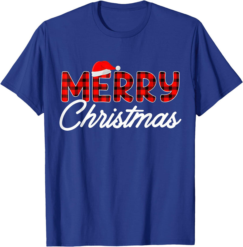 Merry Christmas Buffalo t -shir t Merry Christmas Buffalo Plaid Red Santa Hat Xmas Pajamas T-Shirt - Royal Blue
