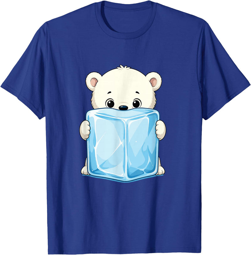 Cute Arctic Polar Bear With Ice Cube Kawaii Baby Polar Bear Holding Ice Cube Cartoon T-Shirt - Royal Blue