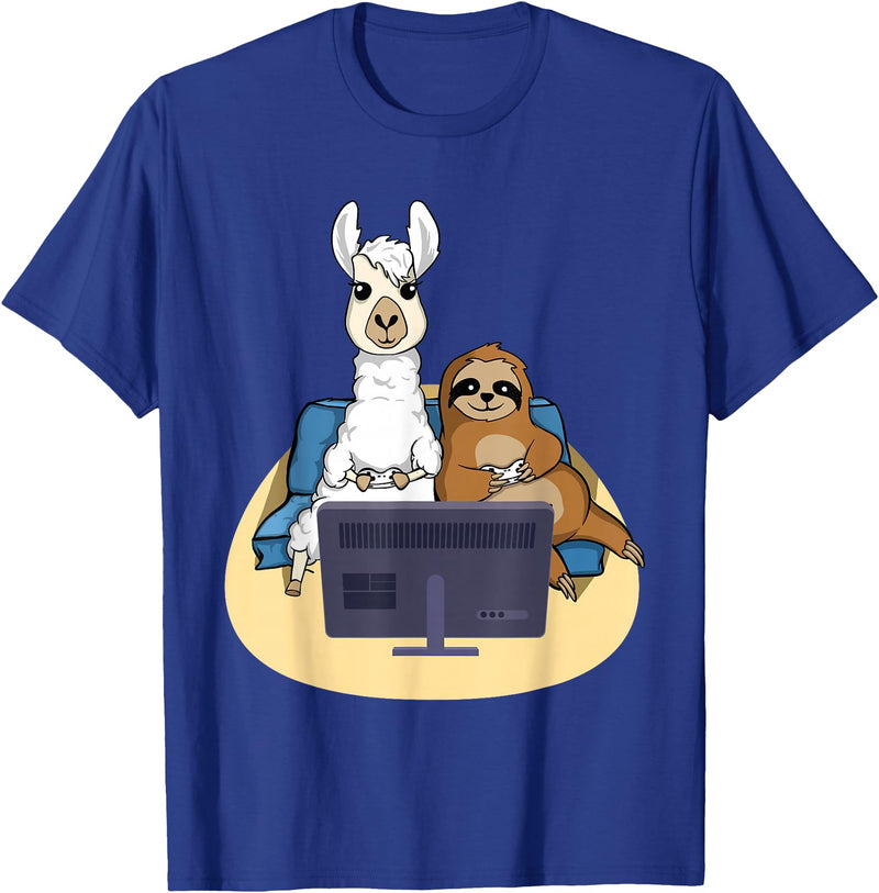 Funny Llama Shirts Sloth And Llama Gamer - Zookeeper Zoo Animal Lovers T-Shirt - Royal Blue