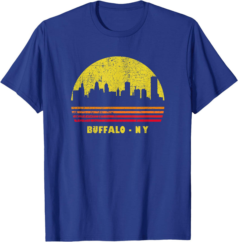 Wowsome! Vintage Retro Sunset Buffalo NY Skyline T-Shirt - Royal Blue