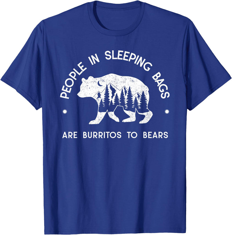 IN NATURE DESIGN CO. PEOPLE IN SLEEPING BAGS ARE BURRITOS TO BEARS T-Shirt - Royal Blue