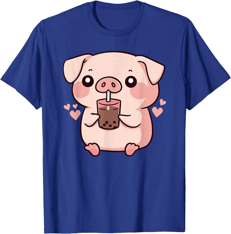 Bubbly Piglets Collection Cute kawaii cartoon pig drinking bubble tea T-Shirt - Royal Blue