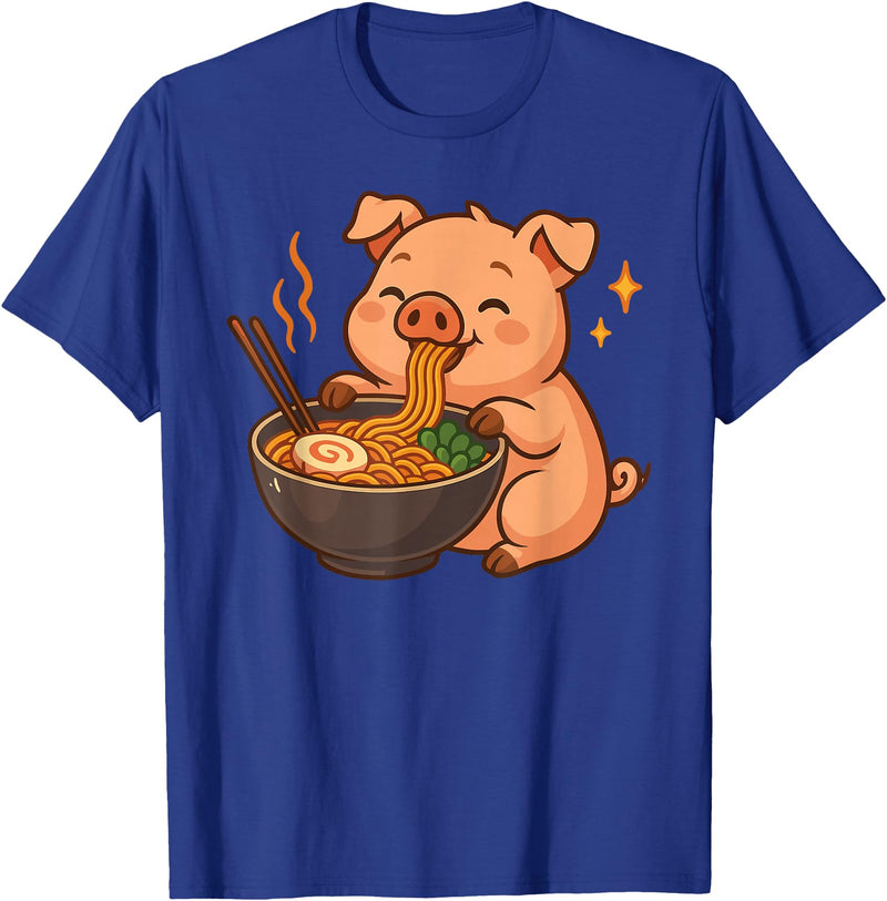 Pig Eating Ramen Kawaii Anime Animals Pig with Noodles Ramen Kawaii Pig T-Shirt - Royal Blue