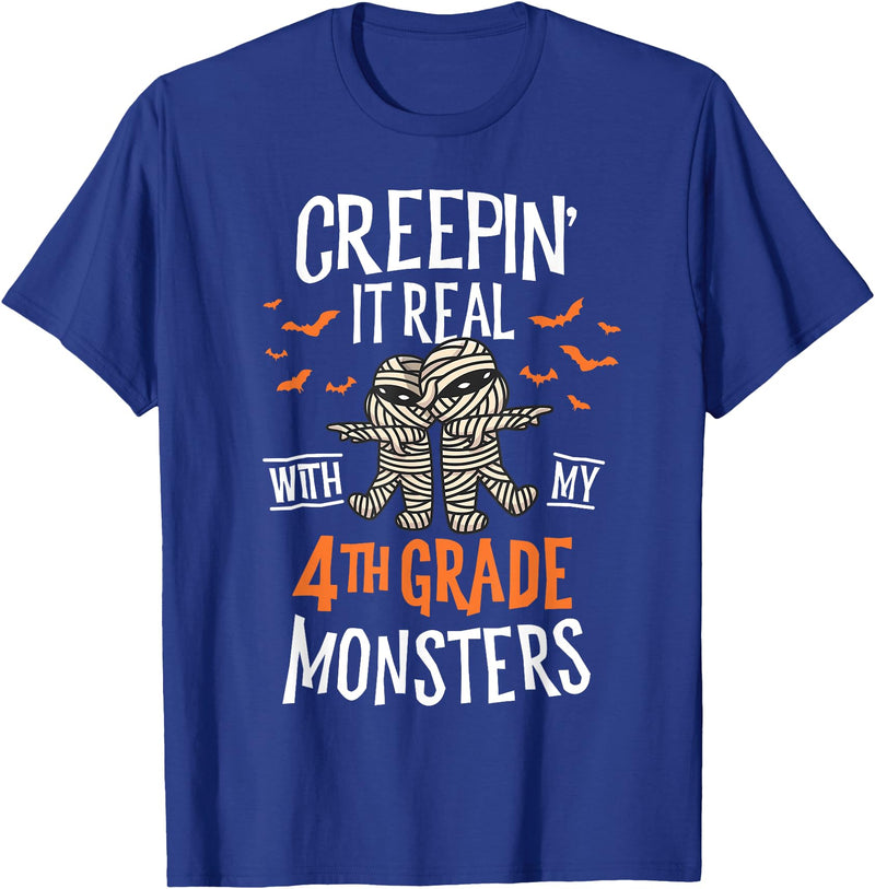 Halloween by Joy Haus Creepin It Real with My 4th Grade Monsters Halloween Teacher T-Shirt - Royal Blue