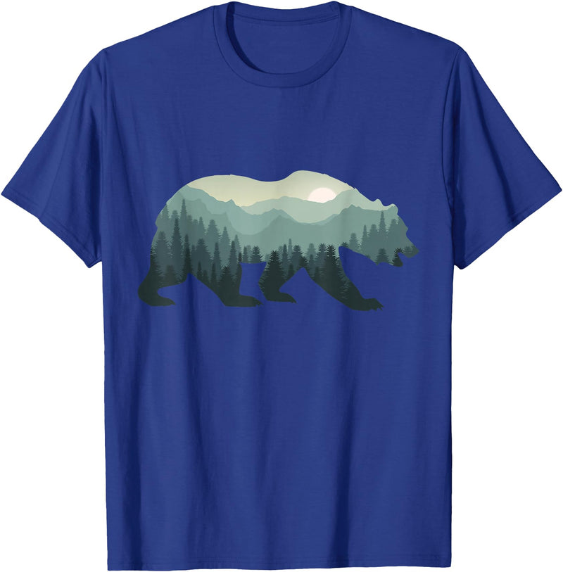 Outdoors Gift Ideas Camping Stuff Men Graphic Tees Misty Forest Bear Silhouette Wildlife Nature Lover T-Shirt - Royal Blue