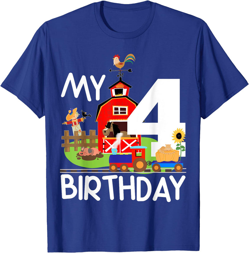 Swanky Bazaar Birthday Designs 4th Birthday Farm Birthday Train Party Cow Pig Horse Chicken T-Shirt - Royal Blue