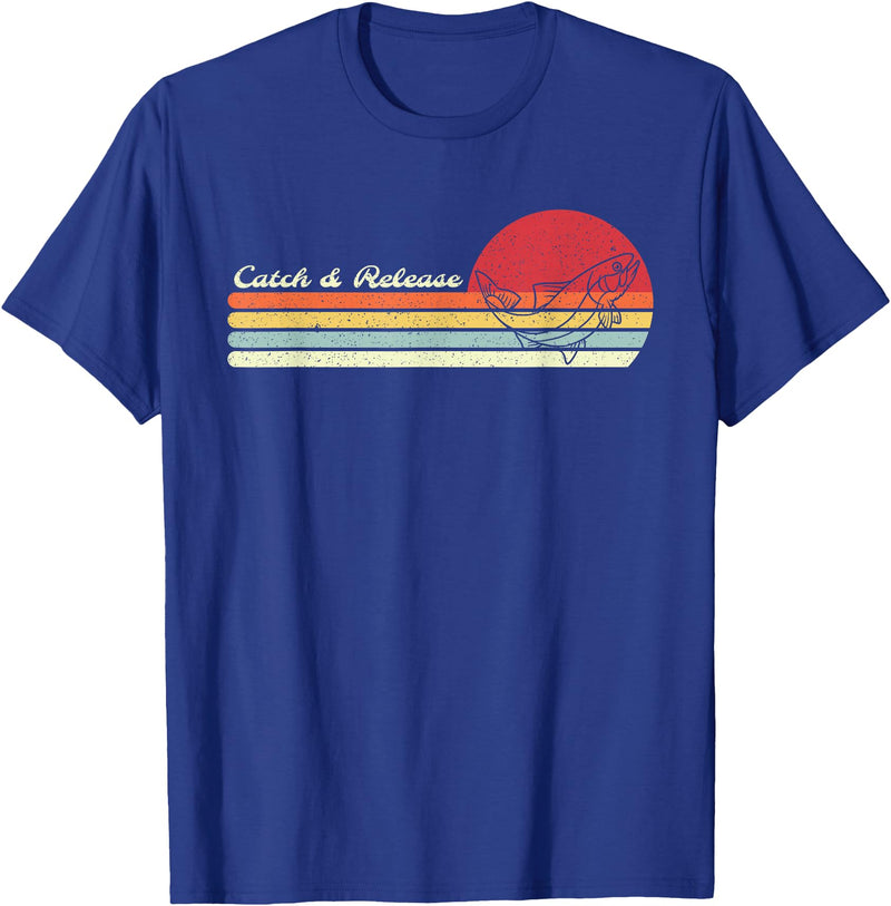 Retro Sunset Brook Trout Salmon Fisherman Designs Angler Catch & Release Trout Fly Fishing Vintage Distressed T-Shirt - Royal Blue
