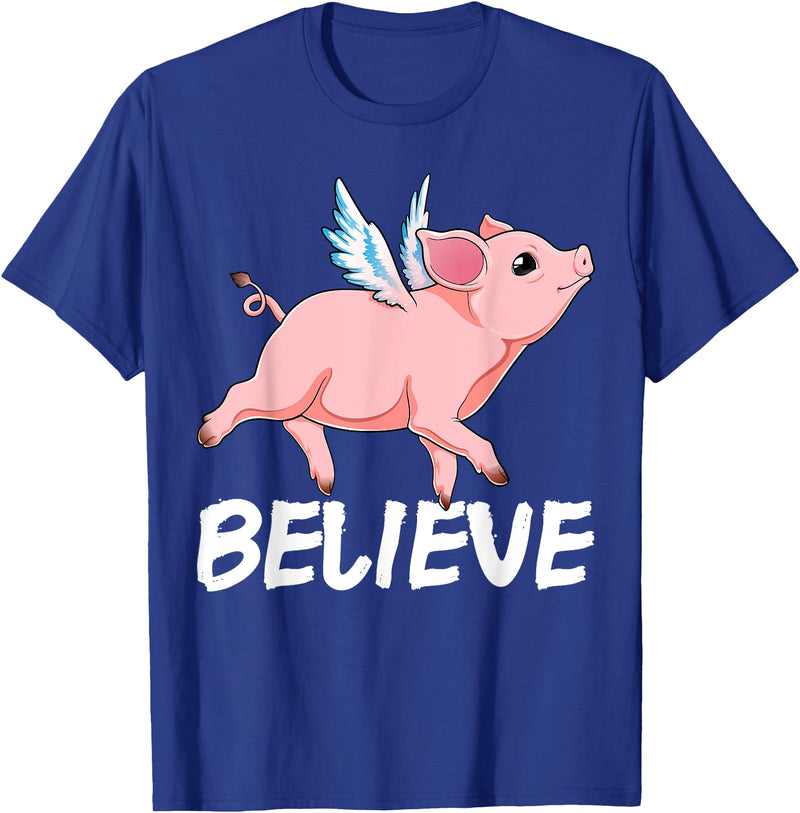 GoshWow Flying Pig Believe Pigs Fly Believe Idiom Motivational T-Shirt - Royal Blue