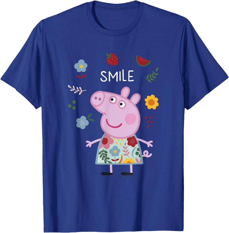 Peppa Pig Smile Cute Flowers & Fruit Full Body Portrait T-Shirt - Royal Blue