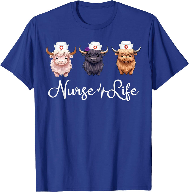 Highland Cow Nurse Life Costume Cute Highland Cow Nurse Life Farm Animal Lover Nursing T-Shirt - Royal Blue