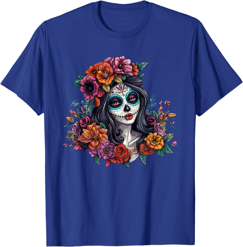Sugar Skull Dia De Los Muertos Floral Skull Day of The Dead Sugar Skull Woman Floral Crown T-Shirt - Royal Blue