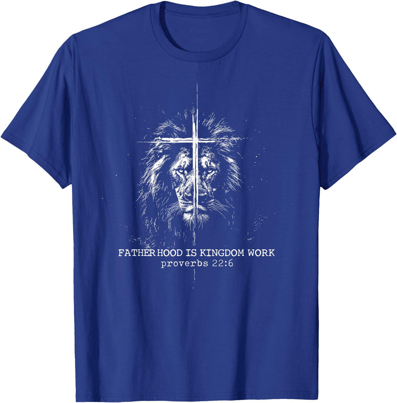 Retro Faith Based Lion Cross Father Day tee Fatherhood is Kingdom Work Retro Faith Based Lion Cross T-Shirt - Royal Blue